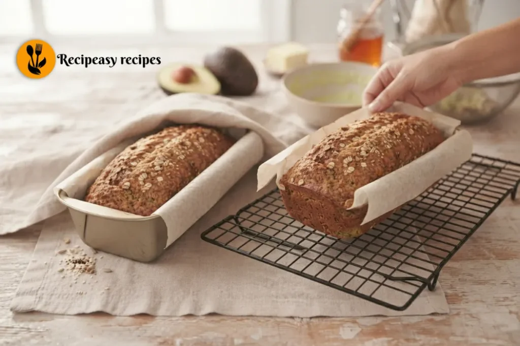 Freshly baked avocado bread cooling on a wire rack