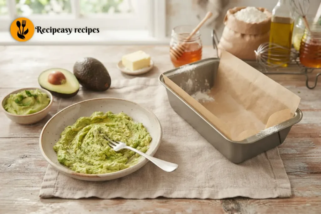 pouring avocado bread batter into pan