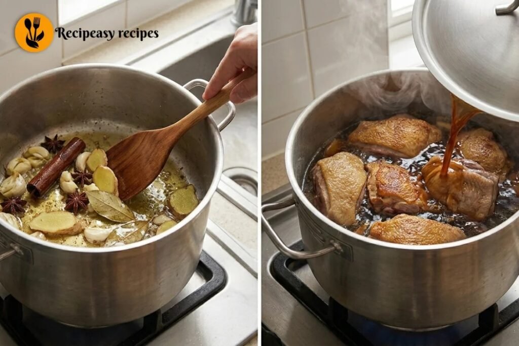 Step 4 — Add the sauce and braise