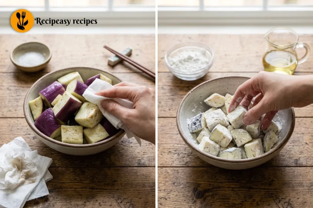 Pat dry and coat the Braised eggplant with cornflour