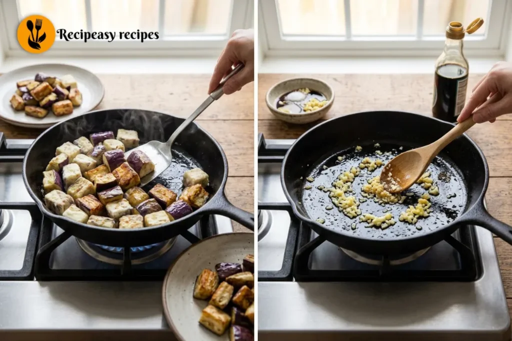 Eggplant pieces are cooked until golden and tender, then sautéed with garlic and ginger to create a fragrant base for the sauce.