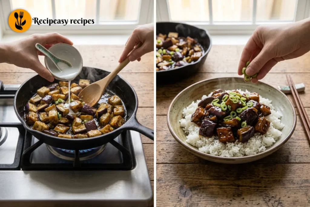 Thick, glossy garlic eggplant sauce coating tender eggplant pieces, topped with sliced green onions and served hot over steamed rice or noodles.