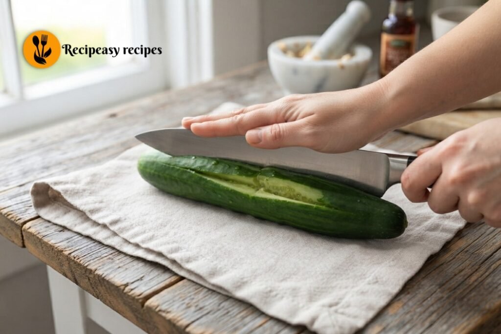 Next, lay a large knife flat on top of the cucumber