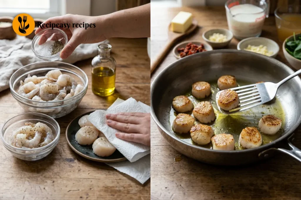 Searing shrimp and scallops for a creamy Tuscan recipe