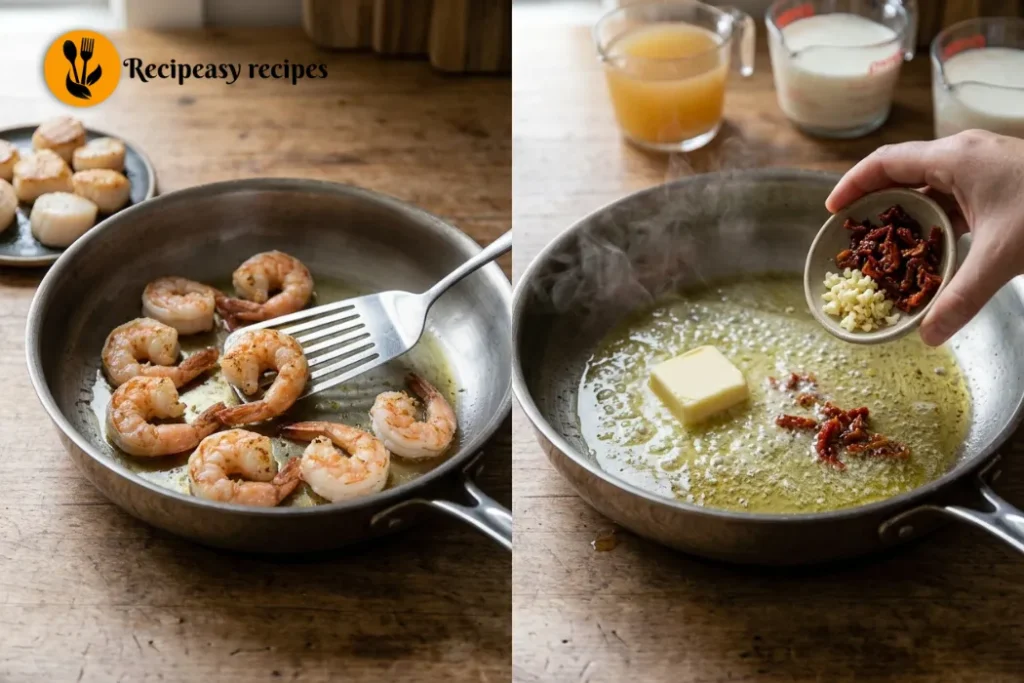 Sautéing shrimp with garlic and sun-dried tomatoes for Tuscan seafood