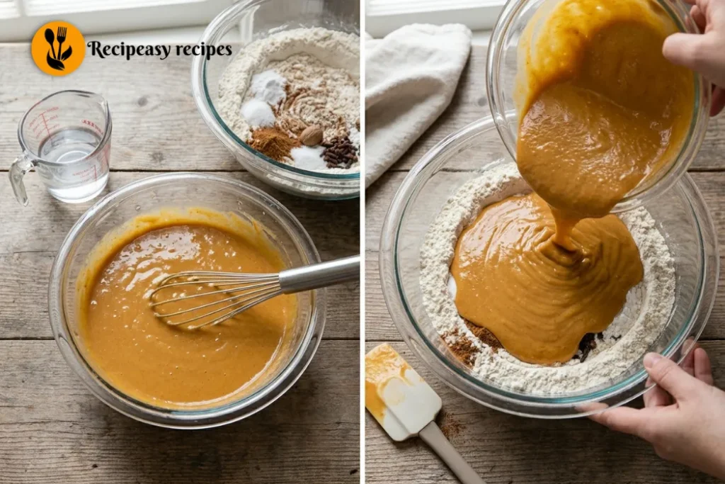Mixing wet and dry ingredients for pumpkin bread