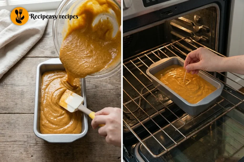 Pumpkin bread batter ready to bake in a loaf pan
