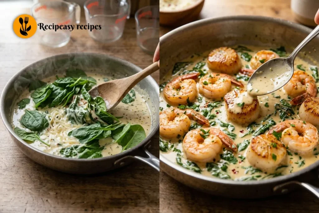 Creamy Tuscan shrimp and scallops with spinach