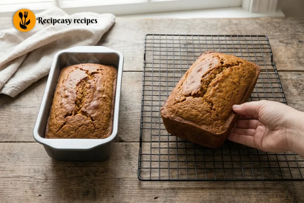 Freshly baked pumpkin bread cooling before slicing