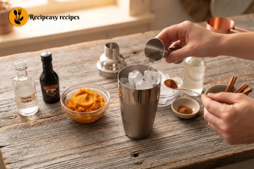 Pumpkin pancake batter combined with wet and dry ingredients, gently stirred with a few small lumps, then rested for 5 minutes before cooking.