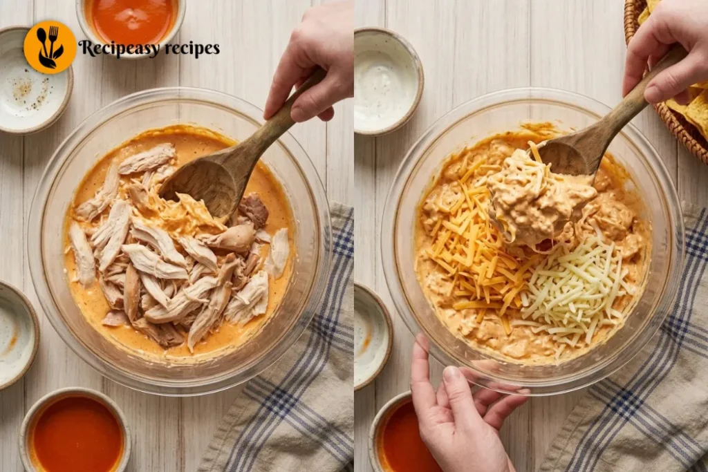 adding shredded chicken and folding in cheese