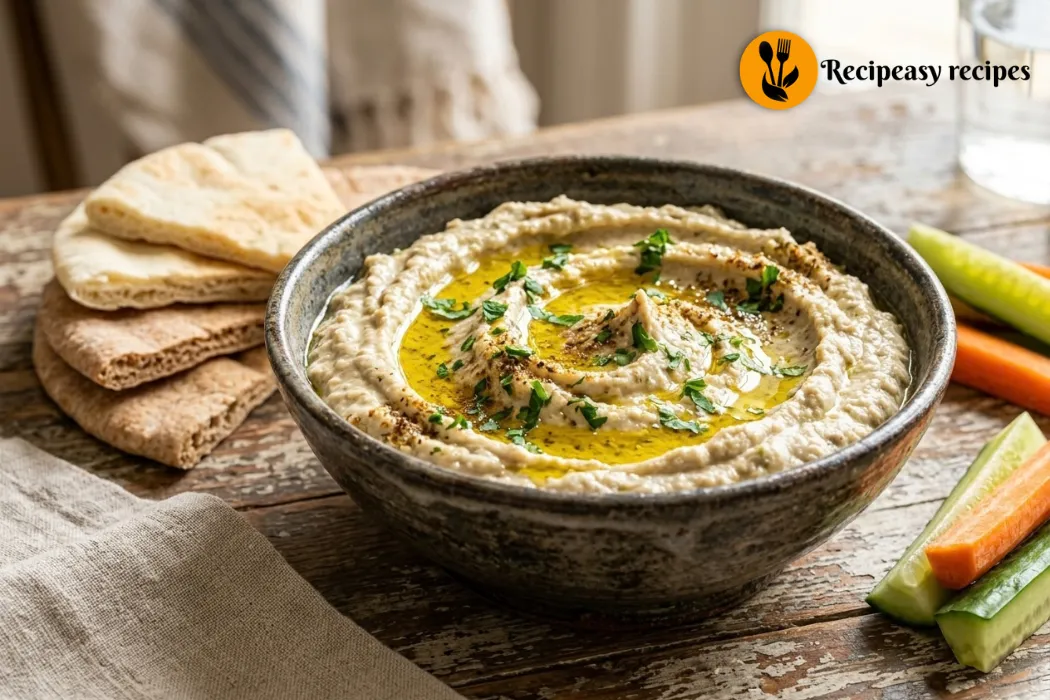 bowl of baba ganoush with pita bread for dipping