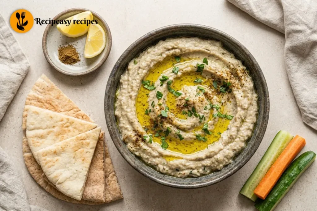 finished baba ganoush served with olive oil and parsley