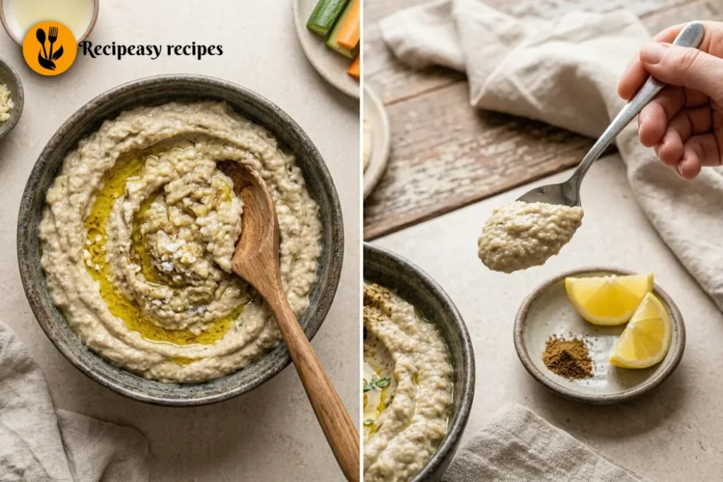 blending baba ganoush and tasting to adjust seasoning