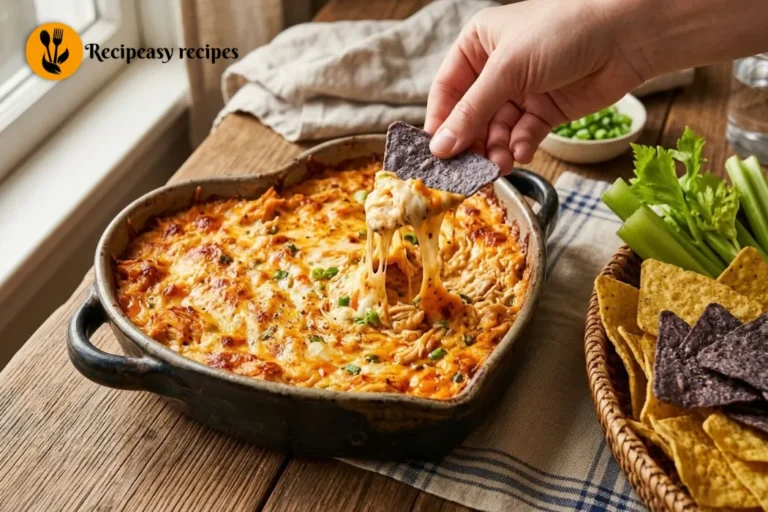 baked buffalo chicken dip with tortilla chip dipping in