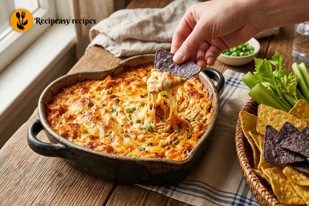 baked buffalo chicken dip with tortilla chip dipping in