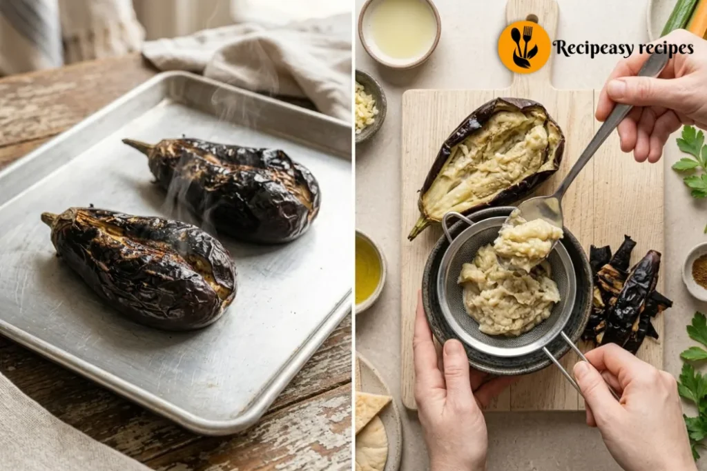 cooling roasted eggplant and scooping out the flesh