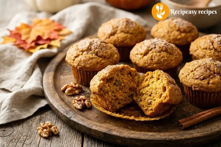 soft pumpkin muffins with domed tops on wooden platter
