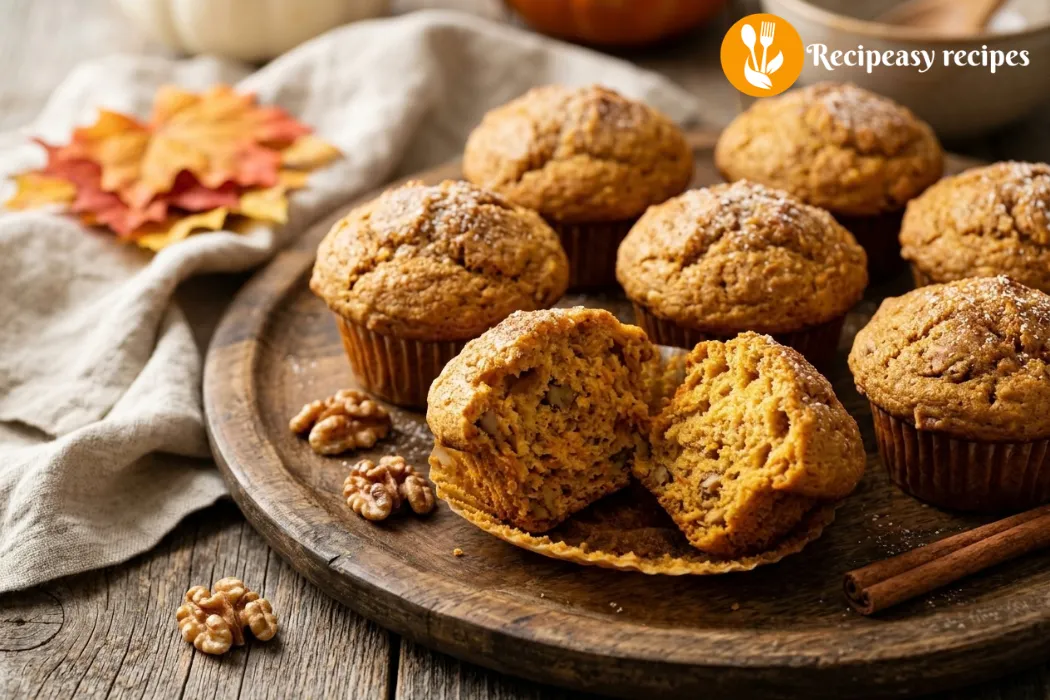 soft pumpkin muffins with domed tops on wooden platter