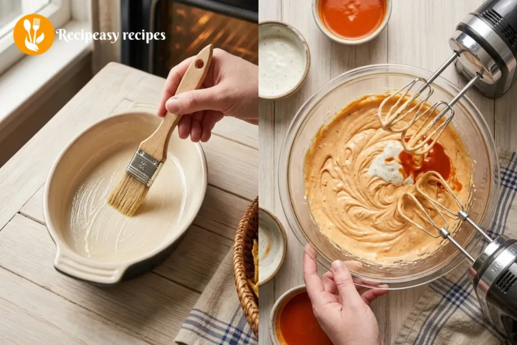 greasing baking dish and mixing creamy buffalo dip base