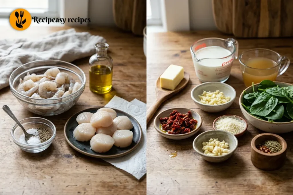 Ingredients for creamy Tuscan shrimp and scallops recipe