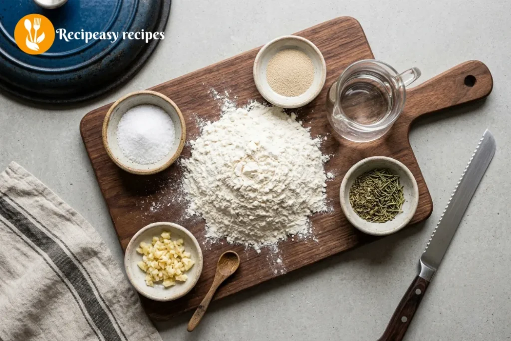 ingredients for no-knead garlic herb Dutch oven bread recipe