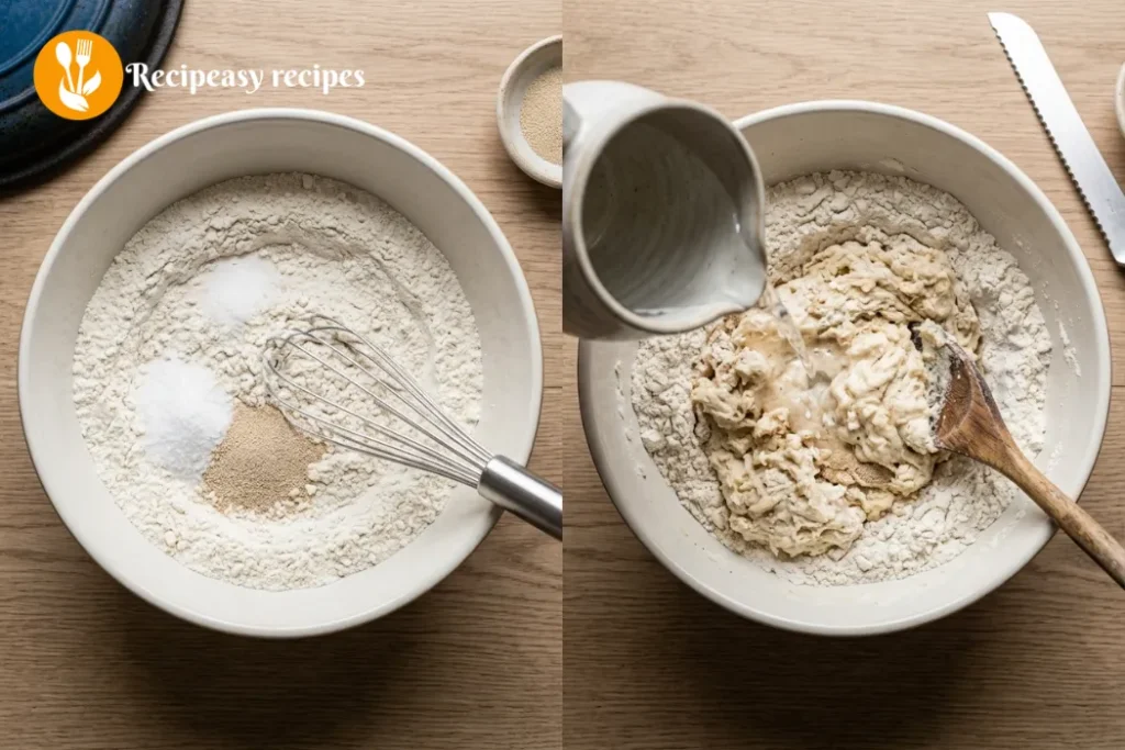 mixing dry ingredients and adding water for no-knead bread dough