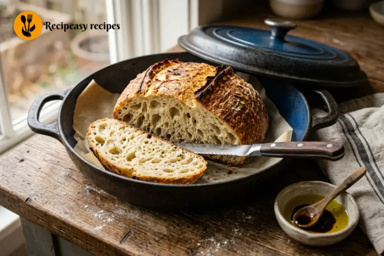 sliced no-knead garlic herb Dutch oven bread with crackly crust