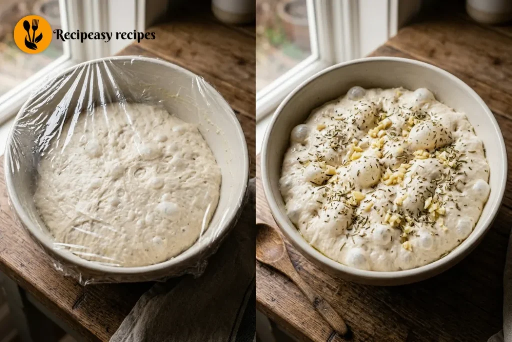 no-knead dough rising and topped with garlic and herbs