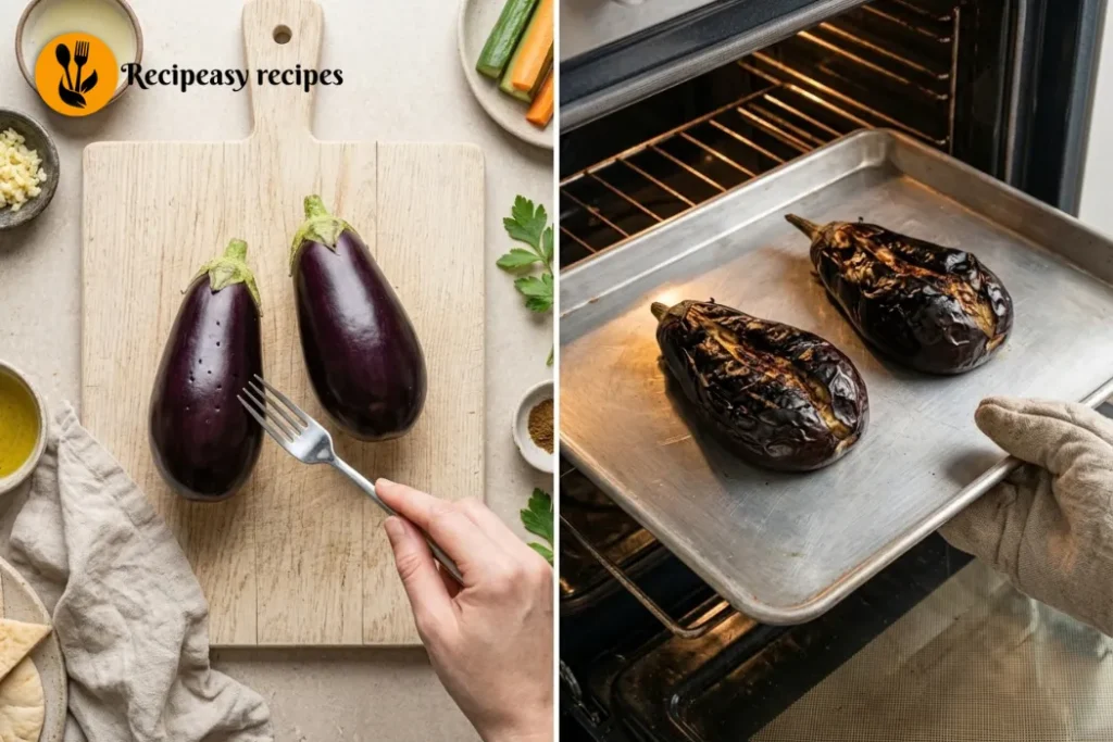 poking holes in eggplant and roasting until charred