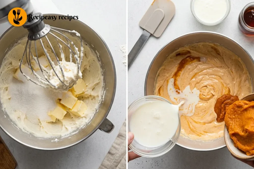 Pumpkin donut dough ingredients mixed with butter, sugar, pumpkin puree, buttermilk, flour, and warm spices in a large mixing bowl.