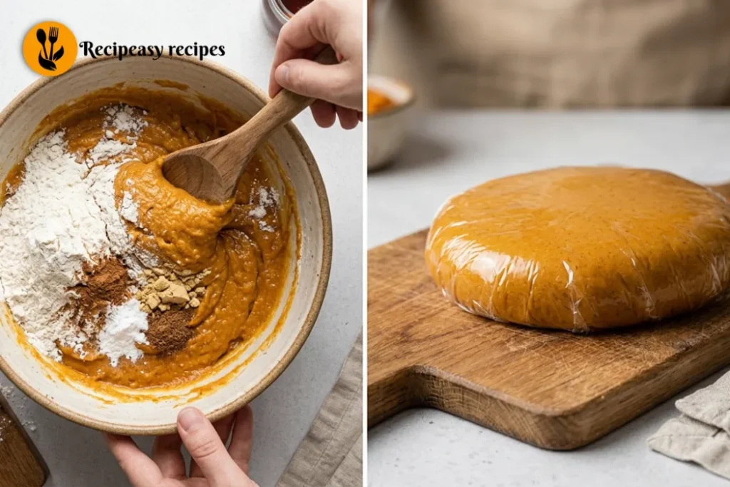 Chilled pumpkin donut dough rolled to 1/2-inch thickness and cut into round donuts and donut holes on a lightly floured surface.