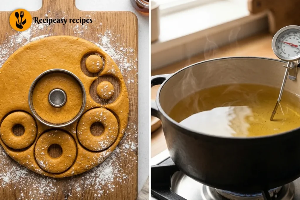 Pumpkin donuts frying in hot vegetable oil until golden brown, with freshly fried donuts draining on a paper towel-lined tray.