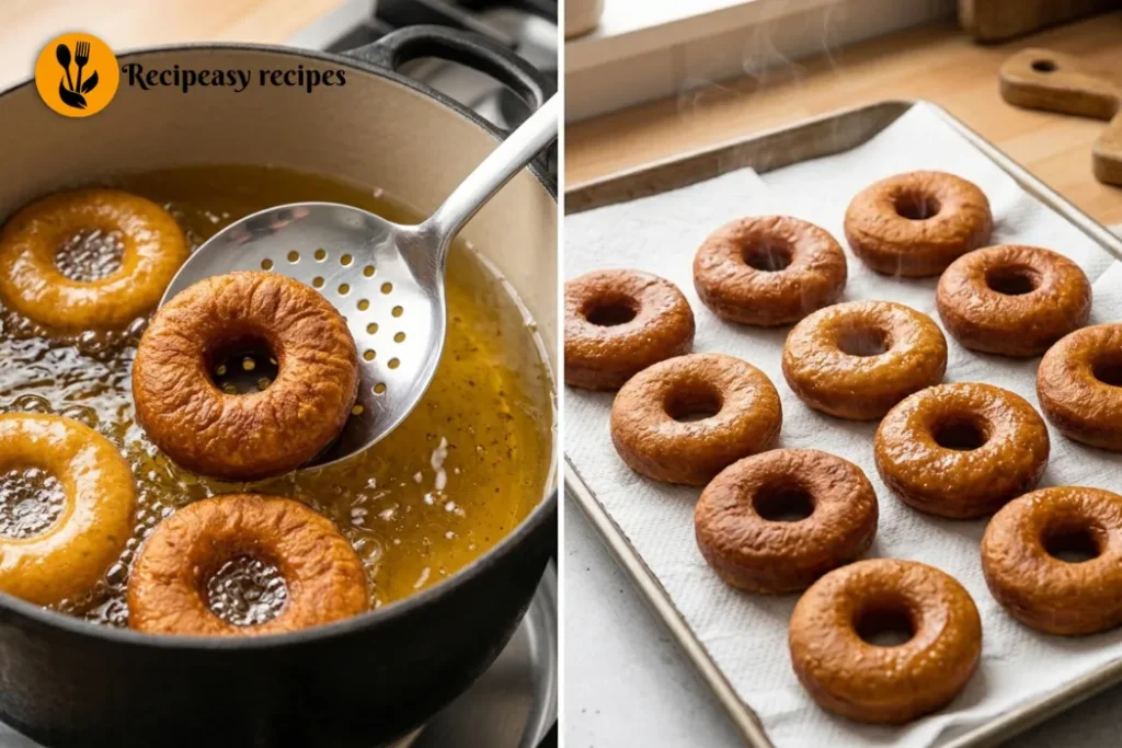 Smooth pumpkin donut glaze made with powdered sugar, buttermilk, and maple syrup whisked together in a small bowl.