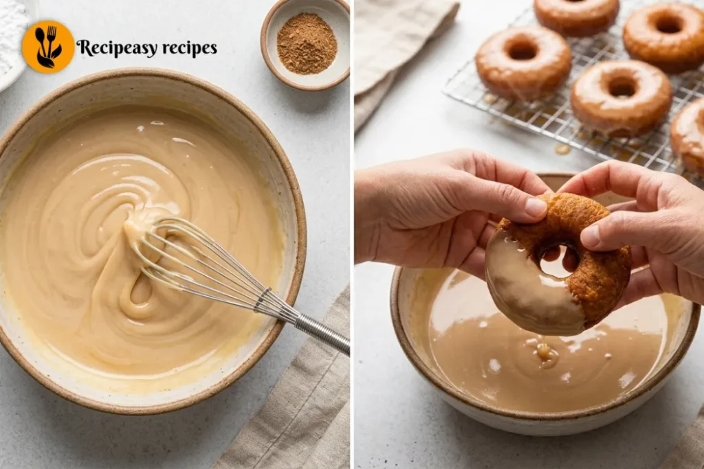 Warm homemade pumpkin donuts dipped in maple glaze and resting on a wire rack, showing their golden-brown exterior and sweet glaze.