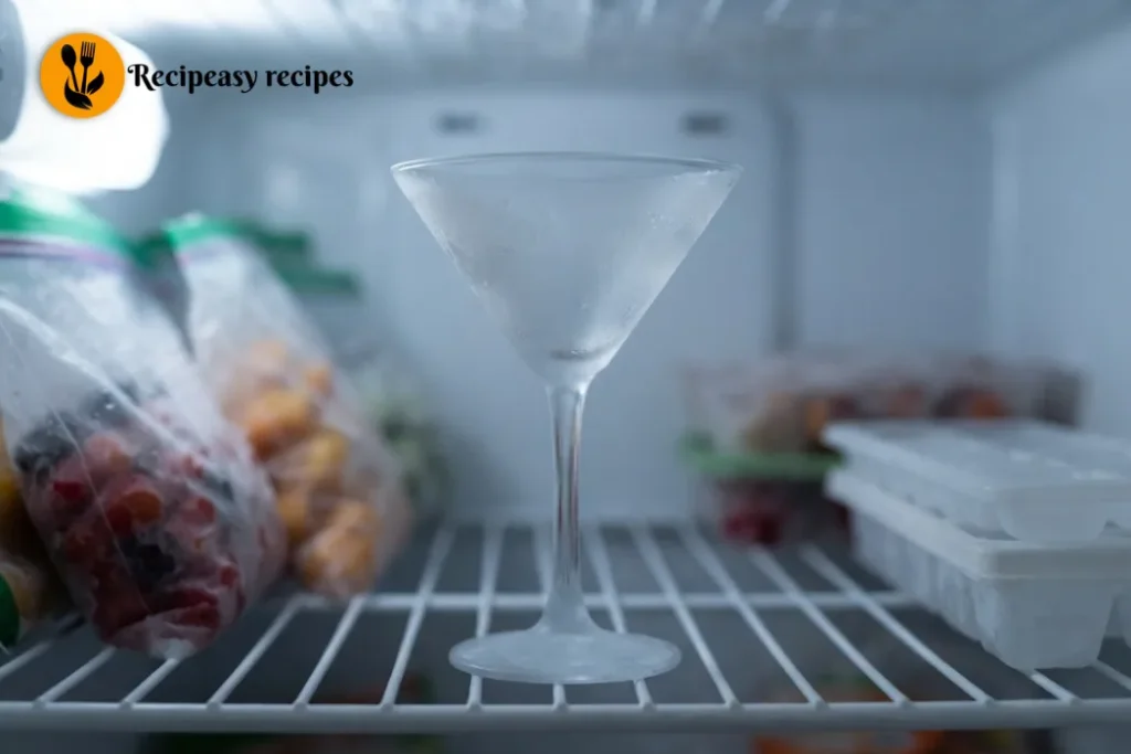 Chilled martini glass prepared in the freezer for a refreshing pumpkin spice martini before mixing the seasonal cocktail.