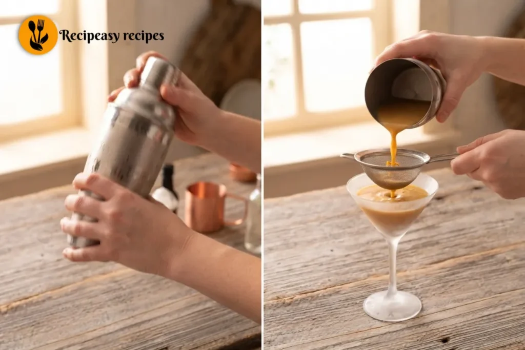 Pumpkin spice martini ingredients vigorously shaken with ice in a cocktail shaker for 15 to 20 seconds until smooth and well blended.