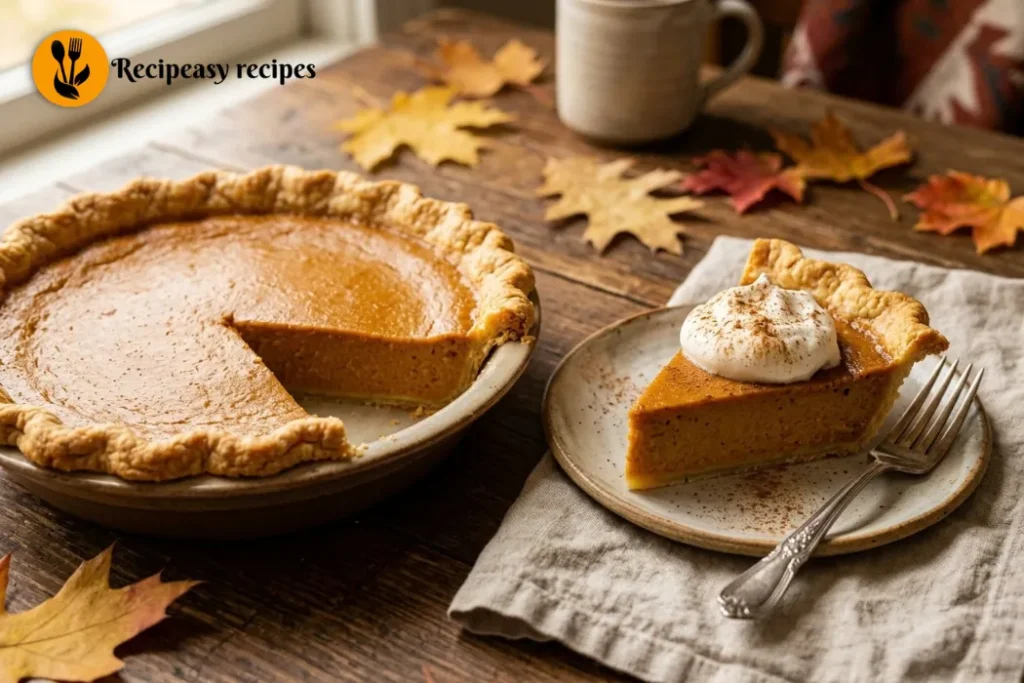 slice of classic pumpkin pie with whipped cream