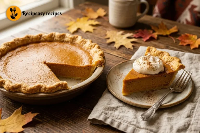 slice of classic pumpkin pie with whipped cream