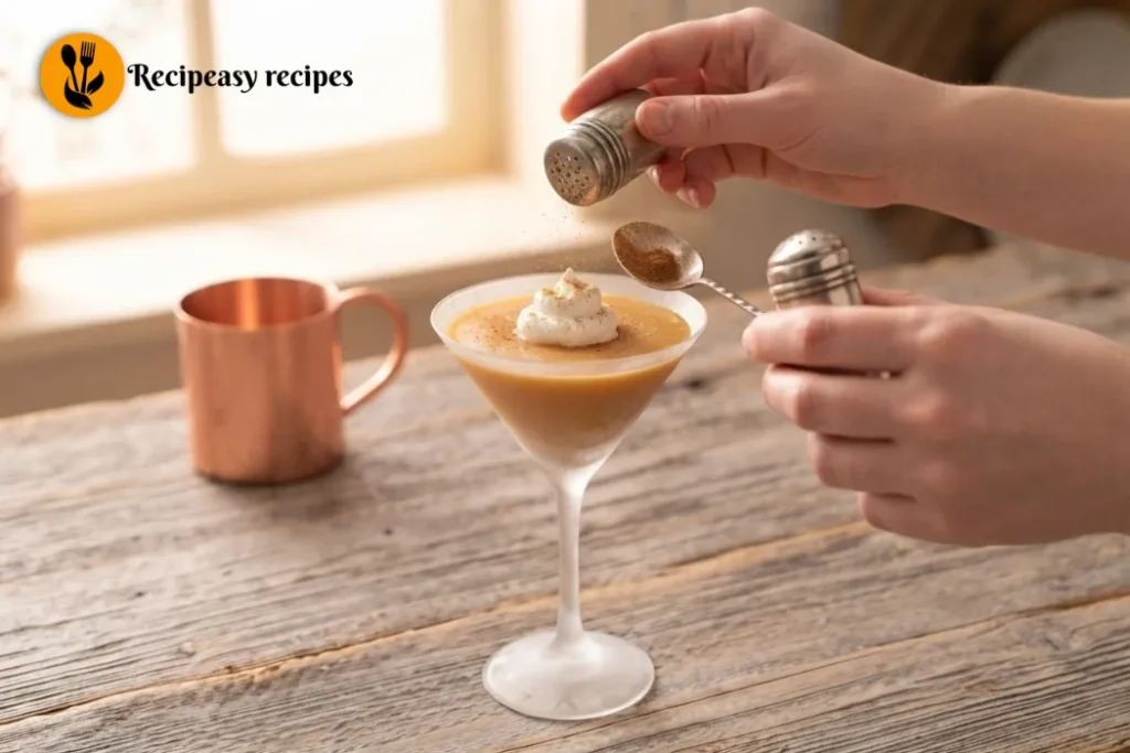 Pumpkin spice martini topped with whipped cream and finished with a light sprinkle of cinnamon or nutmeg.