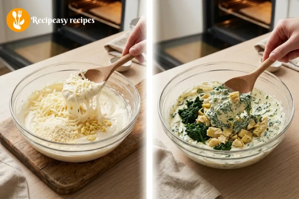 adding cheese and garlic then folding in spinach and artichokes