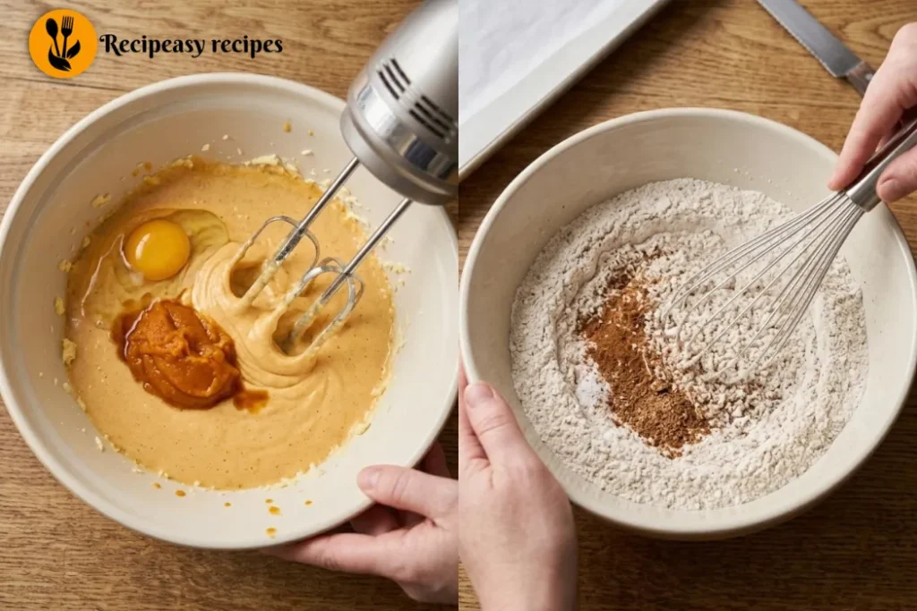 adding pumpkin puree and mixing dry ingredients for cookies