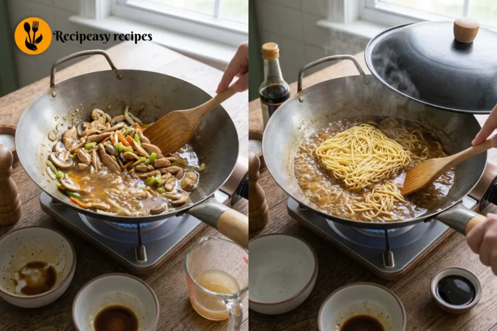 Pancit Canton chicken and vegetables simmering in soy sauce, oyster sauce, and chicken broth