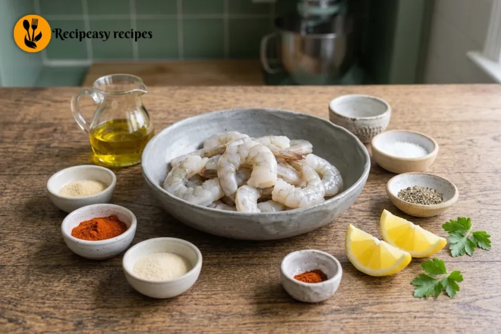 Ingredients for air fryer shrimp recipe with large shrimp, olive oil, garlic powder, smoked paprika, onion powder, cayenne, salt, pepper, and lemon wedges
