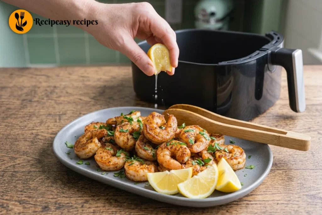 Hot crispy air fryer shrimp served with fresh lemon juice and lemon wedges for an easy seafood meal