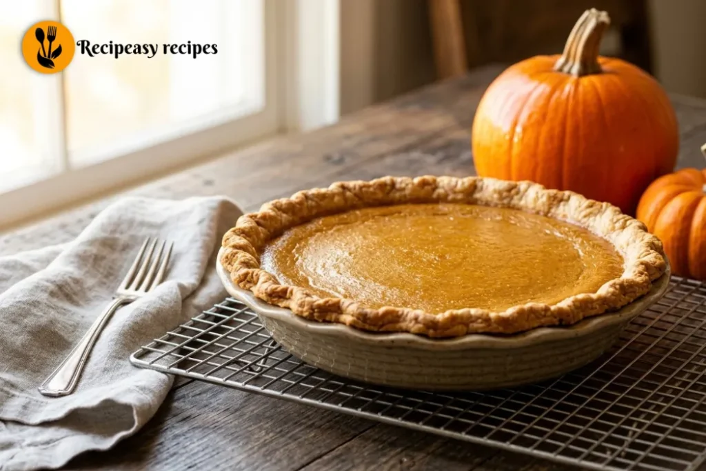 baked pumpkin pie cooling on wire rack