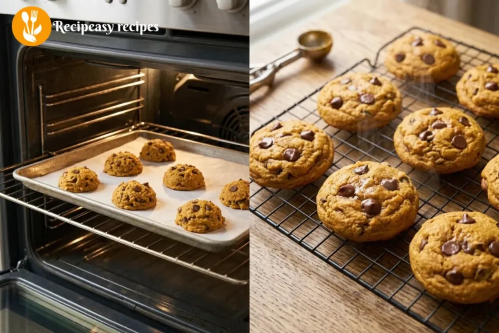 baking and cooling pumpkin chocolate chip cookies