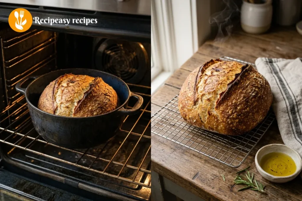 baking uncovered and cooling no-knead garlic herb bread
