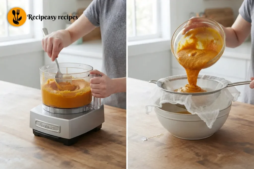 Homemade pumpkin puree draining through a fine mesh strainer lined with cheesecloth for a thicker texture