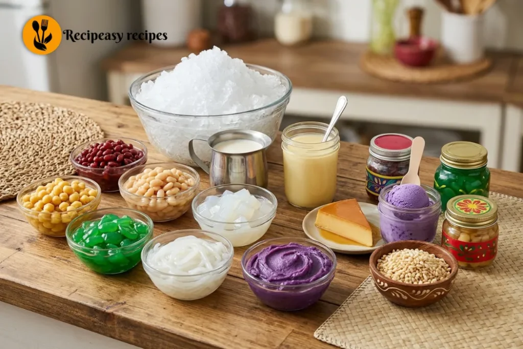 Classic Filipino halo-halo dessert with shaved ice, evaporated milk, ube halaya, sweet beans, nata de coco, macapuno, leche flan, and ube ice cream.